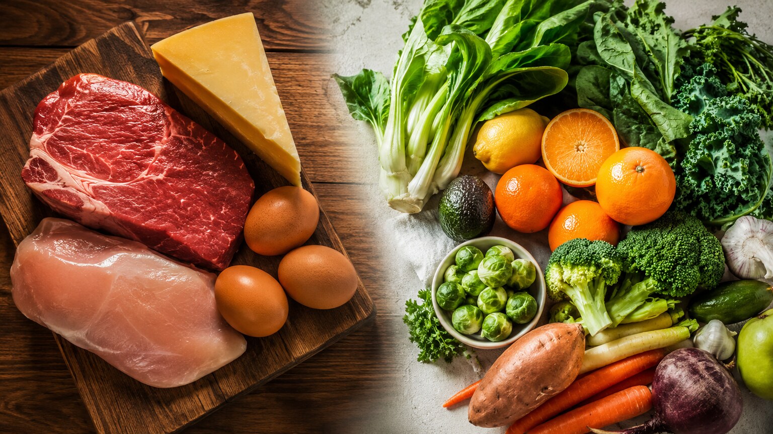Split composition showing raw animal protein foods beside fresh vegetables and fruits, representing their opposite effects on urine pH