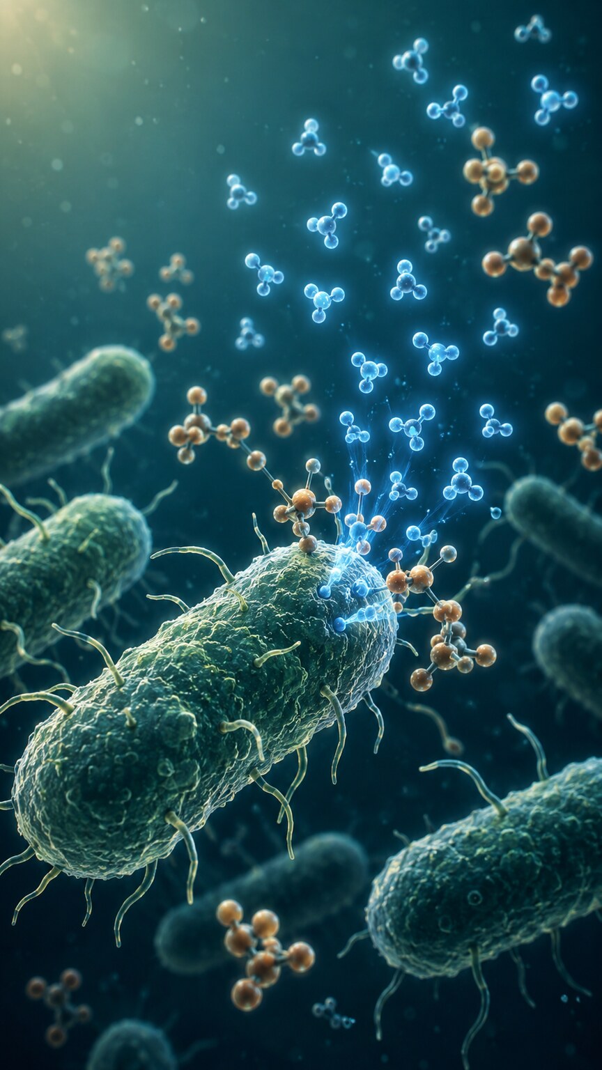 Scientific illustration of urease-producing bacteria breaking down urea into ammonia, raising the surrounding urine pH