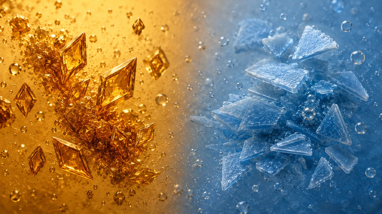 Split scientific illustration comparing uric acid crystal formation in acidic urine against calcium phosphate crystal formation in alkaline urine