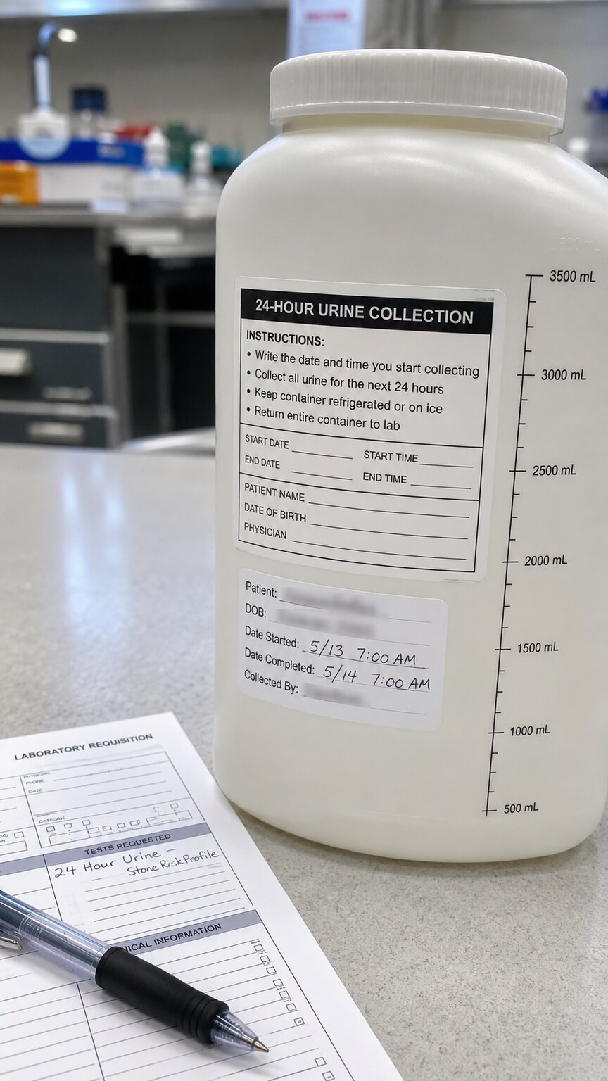 Labeled 24-hour urine collection container on a lab counter used for detailed metabolic and pH-related stone workup testing
