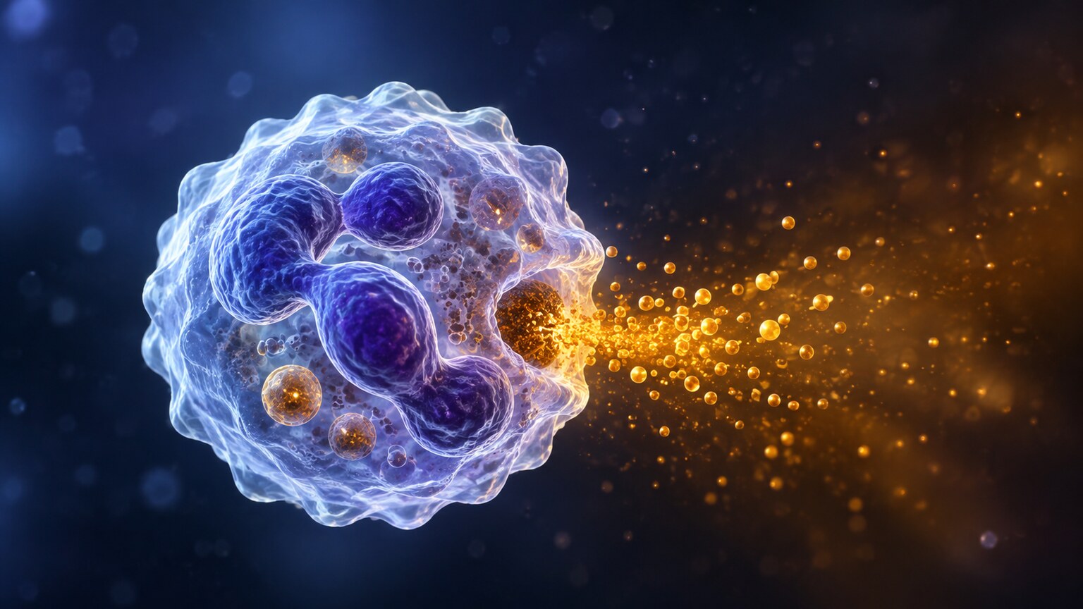 Scientific illustration of a neutrophil white blood cell releasing granules containing leukocyte esterase enzyme into surrounding urine