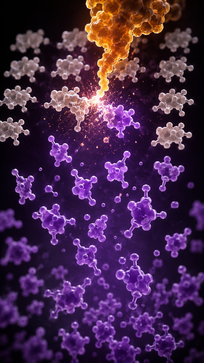 Scientific illustration of a chromogenic ester substrate on a dipstick pad being chemically cleaved by leukocyte esterase, releasing a colored dye compound
