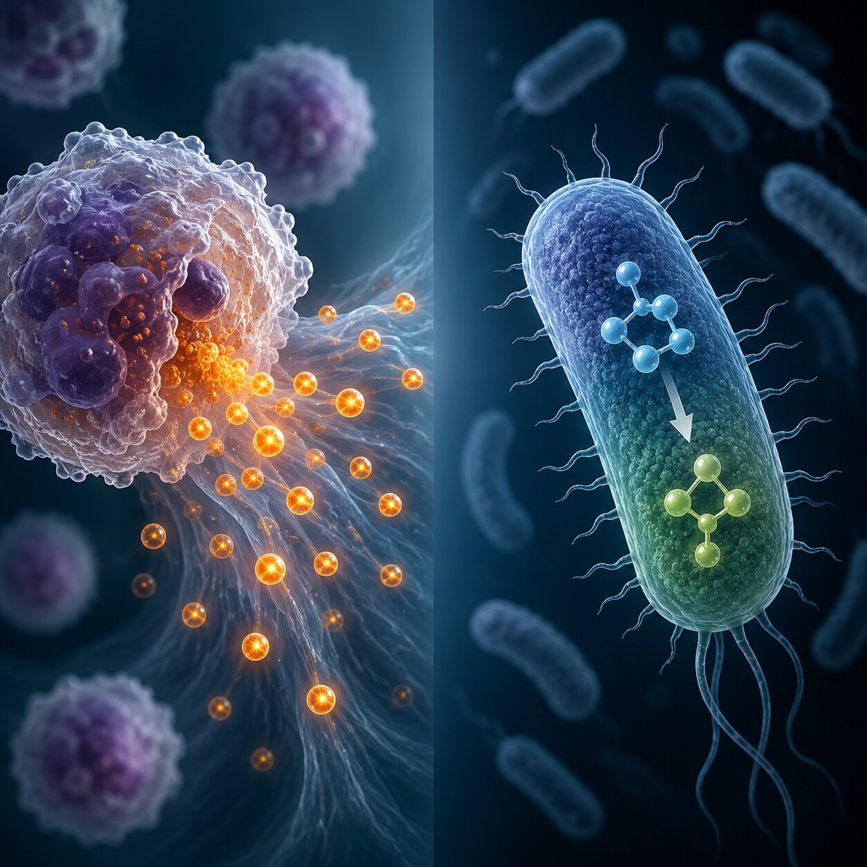 Scientific illustration comparing two parallel testing pathways: a white blood cell releasing leukocyte esterase and a bacterium producing nitrite from urinary nitrate