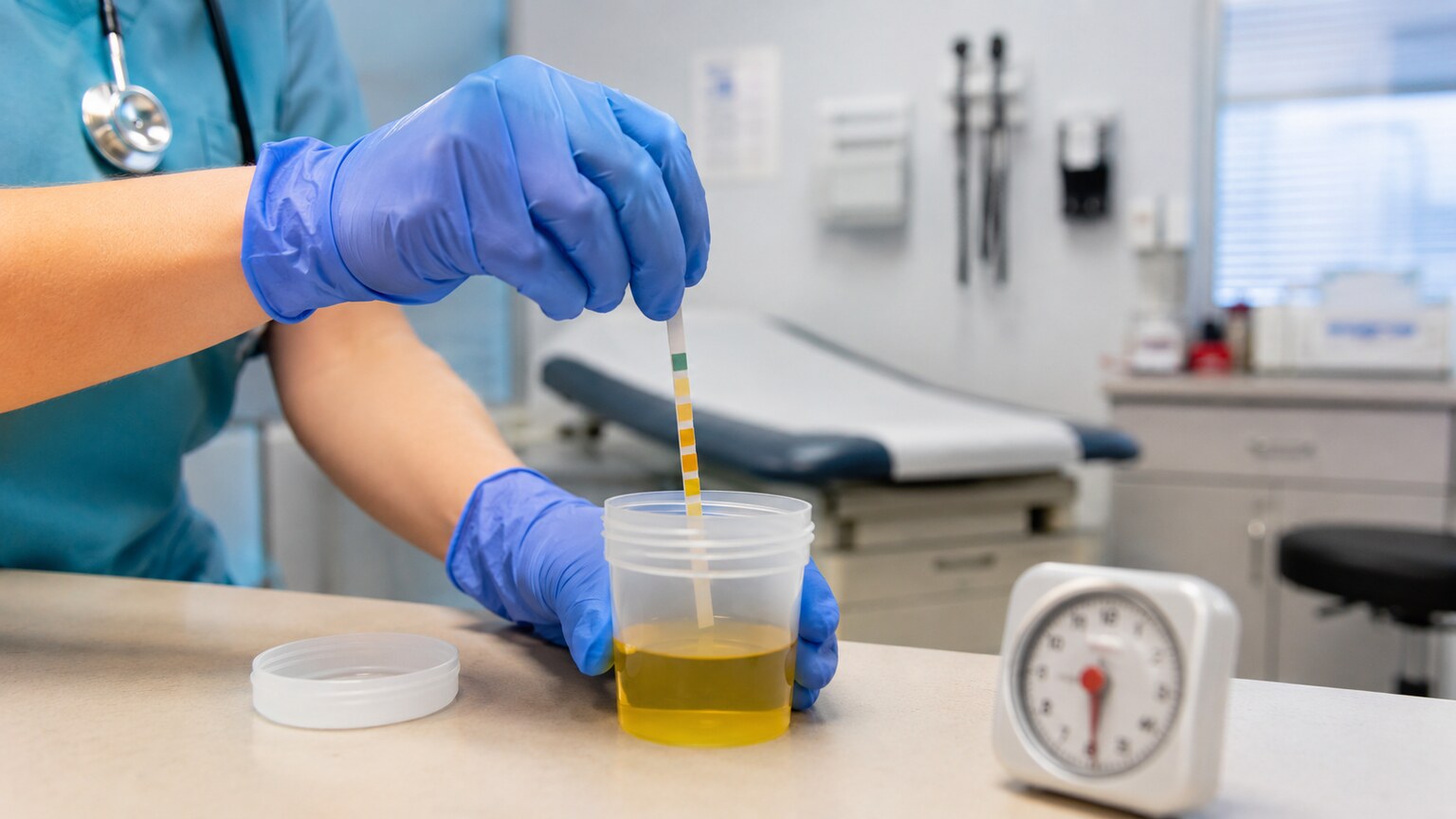 A gloved healthcare worker dipping a urine test strip into a freshly collected sample cup at a clinic countertop