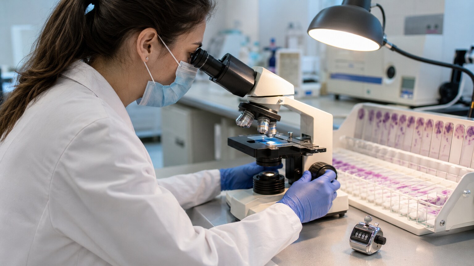 A laboratory technician examining a urine sediment sample under a microscope, directly counting white blood cells per field of view