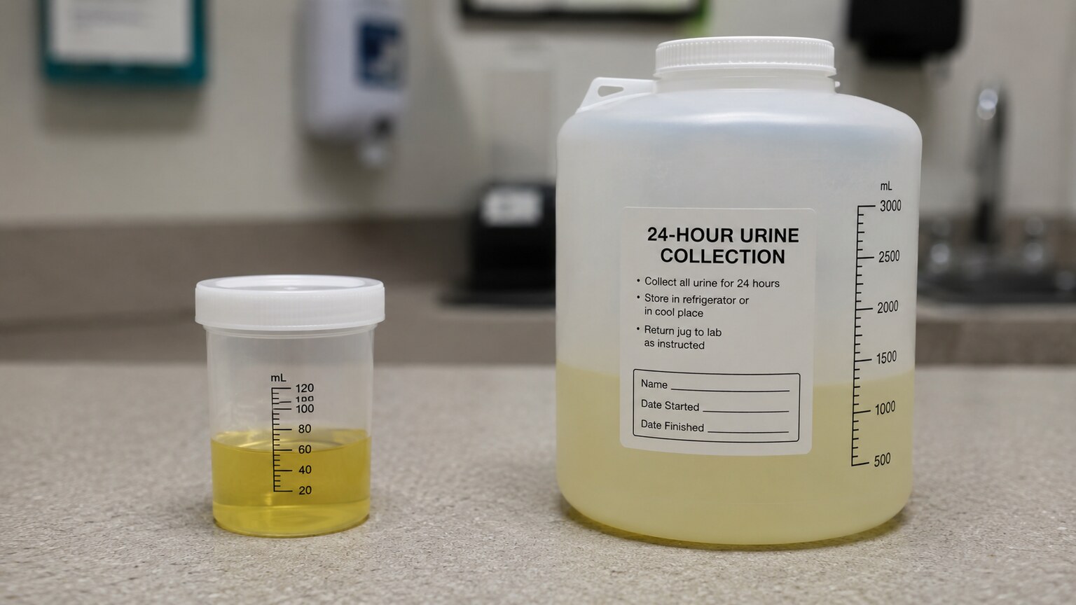 Small spot urine sample cup positioned beside a large 24-hour urine collection jug, illustrating the two collection methods being compared