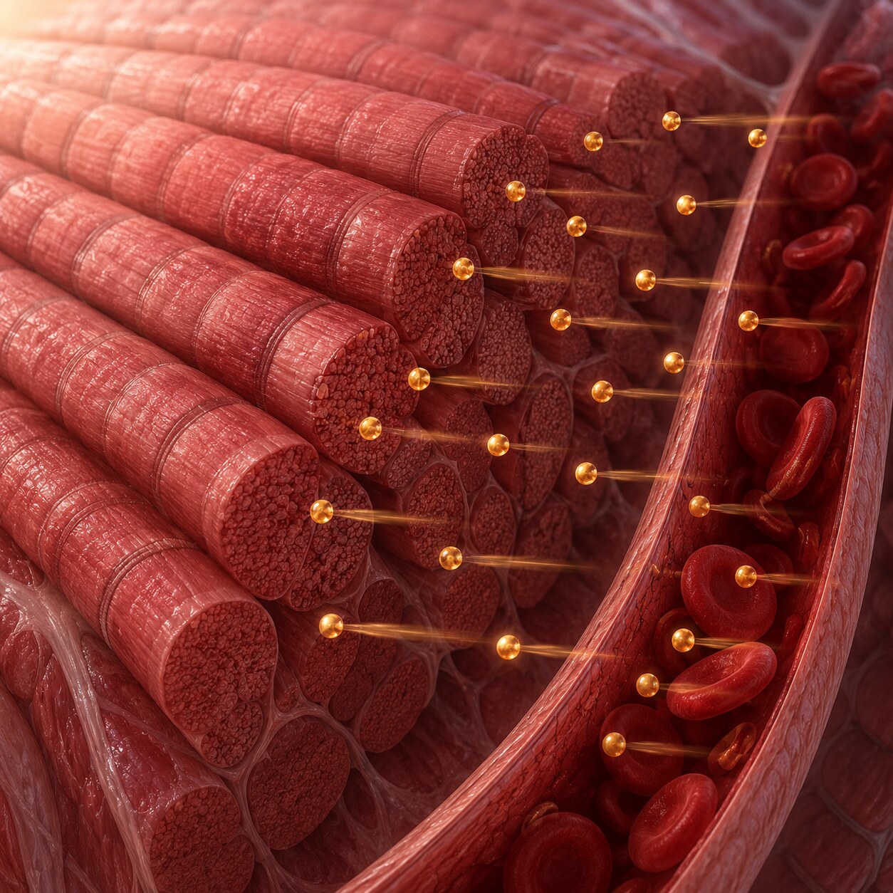 Scientific illustration of creatinine molecules being released from muscle tissue into the bloodstream at a steady, constant rate