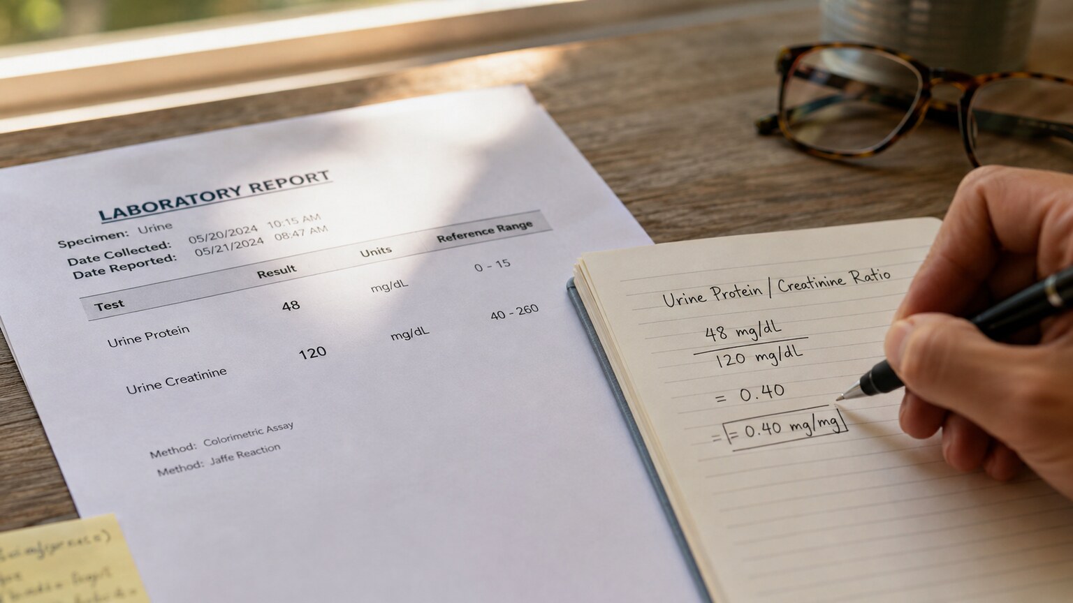 Hand writing a urine protein-to-creatinine ratio calculation on a notepad beside a printed lab report showing both raw values