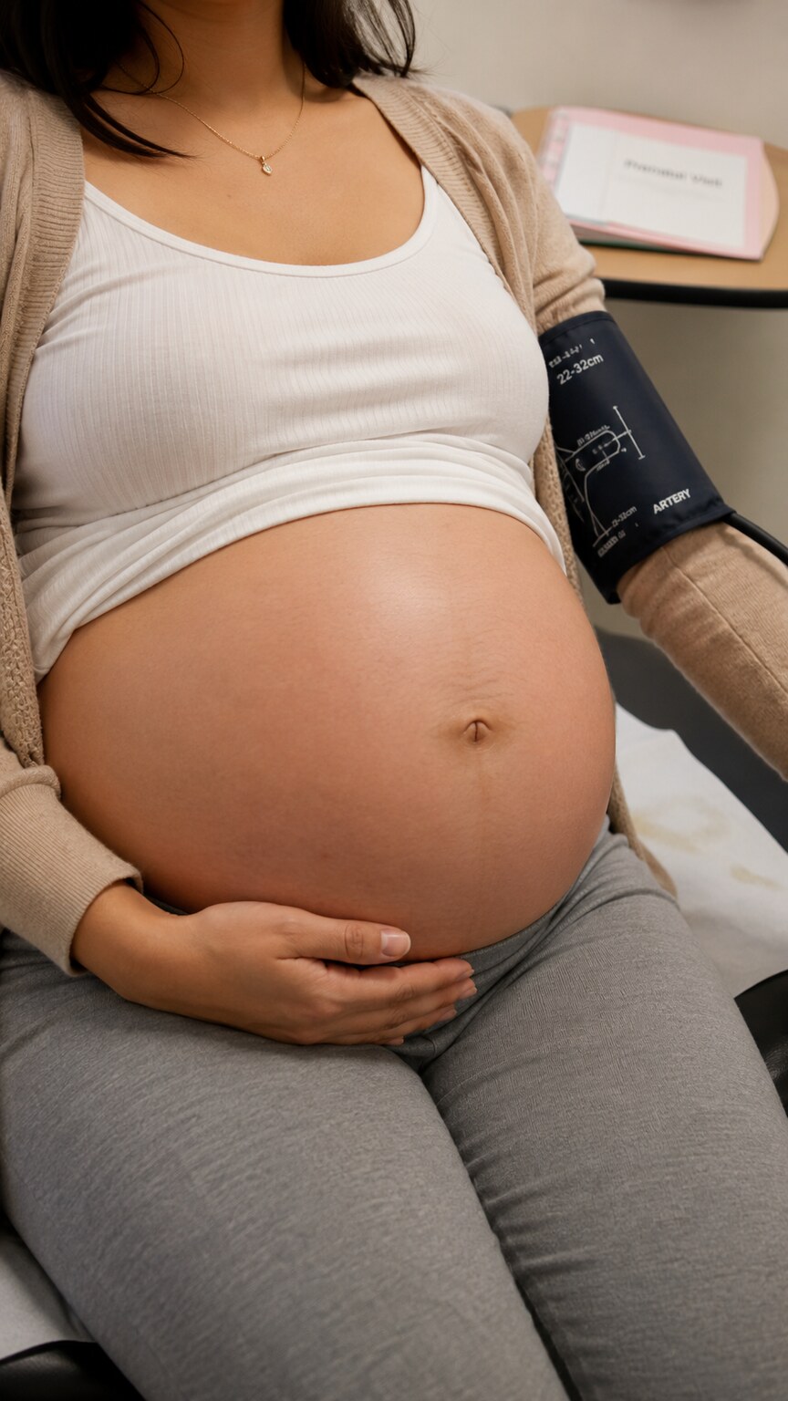 Pregnant abdomen during a prenatal visit, representing routine screening for preeclampsia using the urine protein-to-creatinine ratio