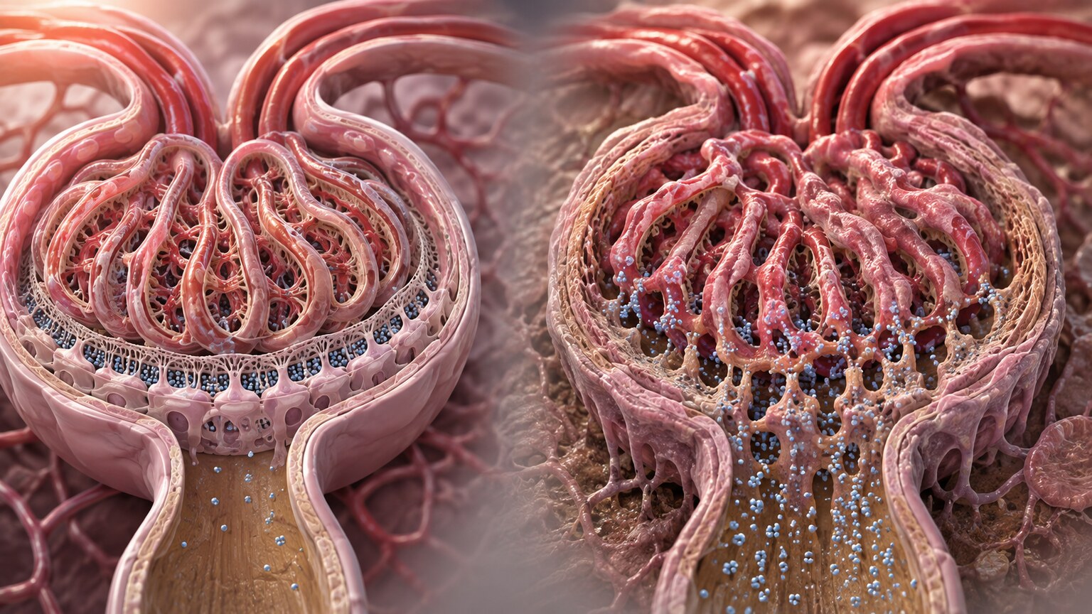Scientific illustration of a glomerulus showing progressive structural damage consistent with diabetic kidney disease and increasing protein leakage