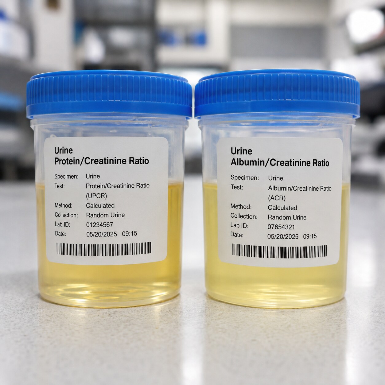 Two labeled urine sample containers side by side, one marked for total protein-to-creatinine testing and one marked for albumin-to-creatinine testing