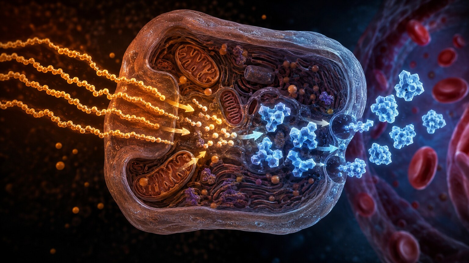 Scientific illustration of a liver cell breaking down fatty acids and releasing ketone body molecules into the bloodstream