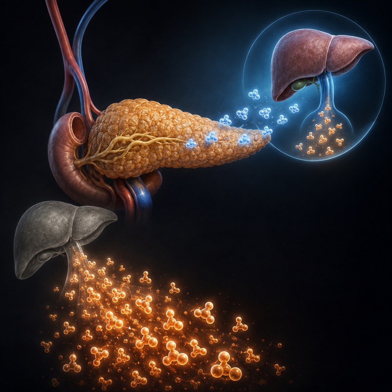 Scientific illustration of the pancreas releasing a small amount of insulin that keeps ketone production within a safe, capped range