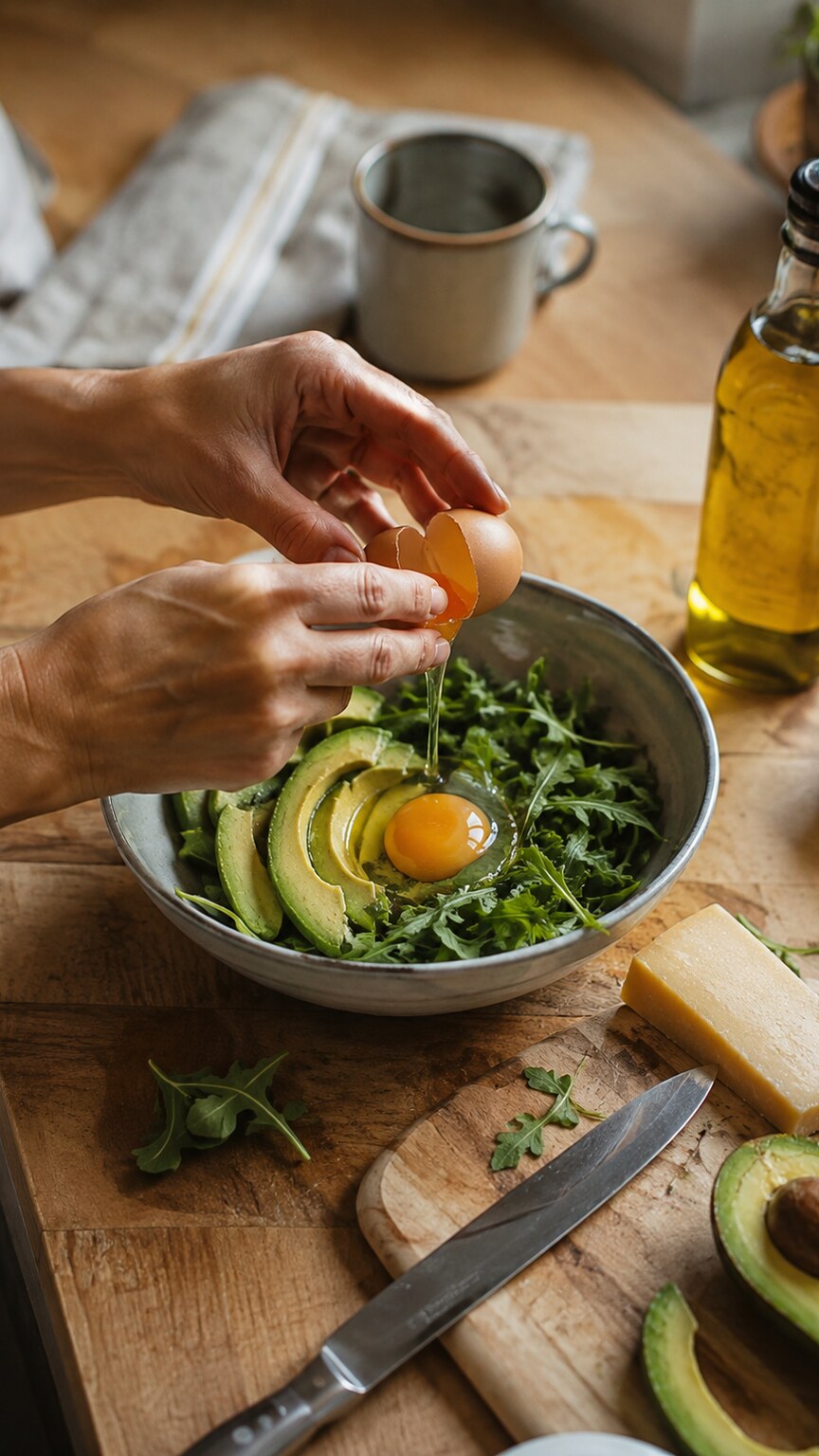 Person preparing a low-carb meal of eggs, avocado, and leafy greens on a kitchen counter