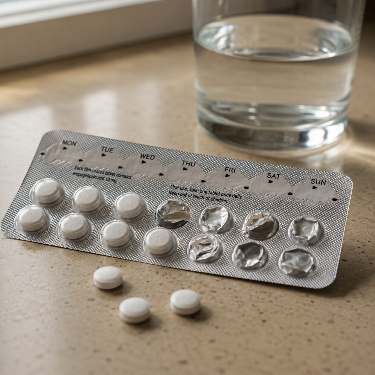 Close-up of a blister pack of SGLT2 inhibitor diabetes medication tablets on a countertop