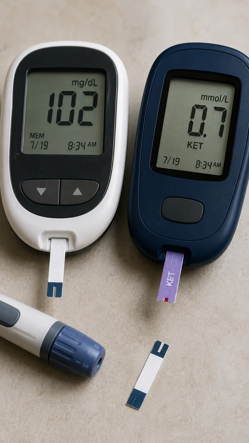 Close-up of a blood glucose meter and blood ketone meter placed side by side displaying their readings