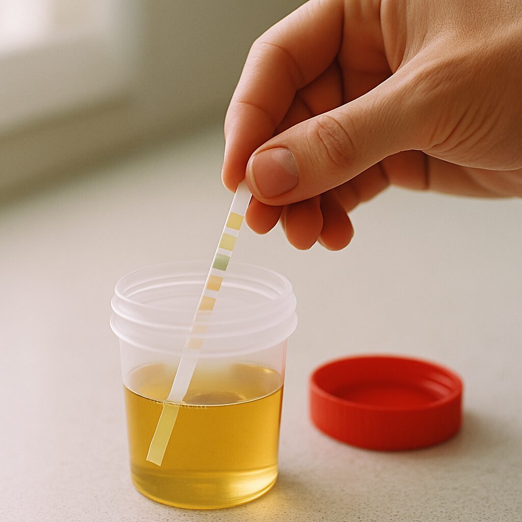 A hand dipping a urine test strip into an open urine sample cup on a clinical countertop