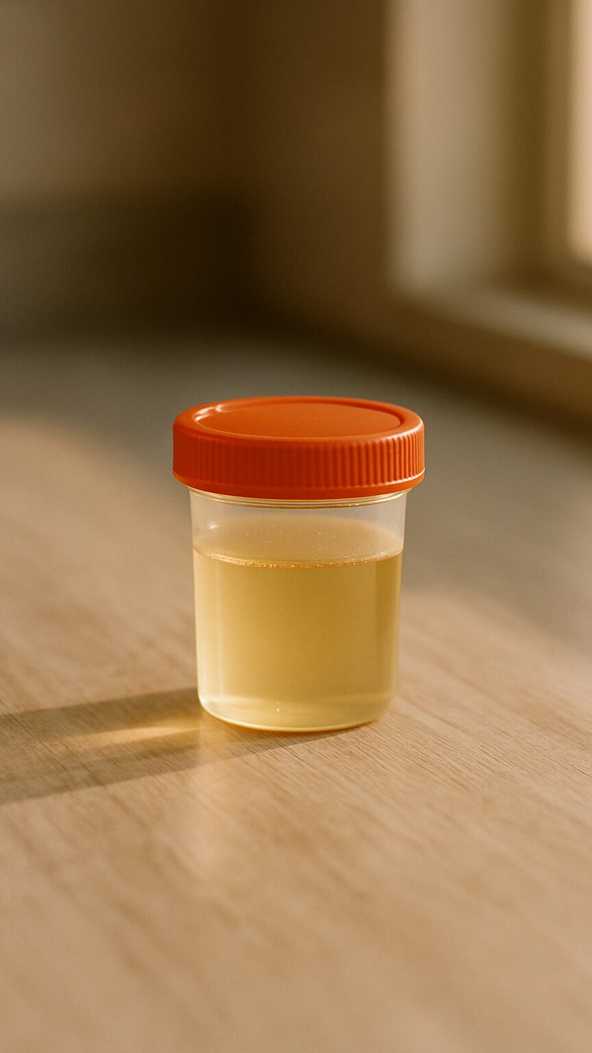 A covered urine sample cup resting on a light wood clinical countertop in soft morning window light