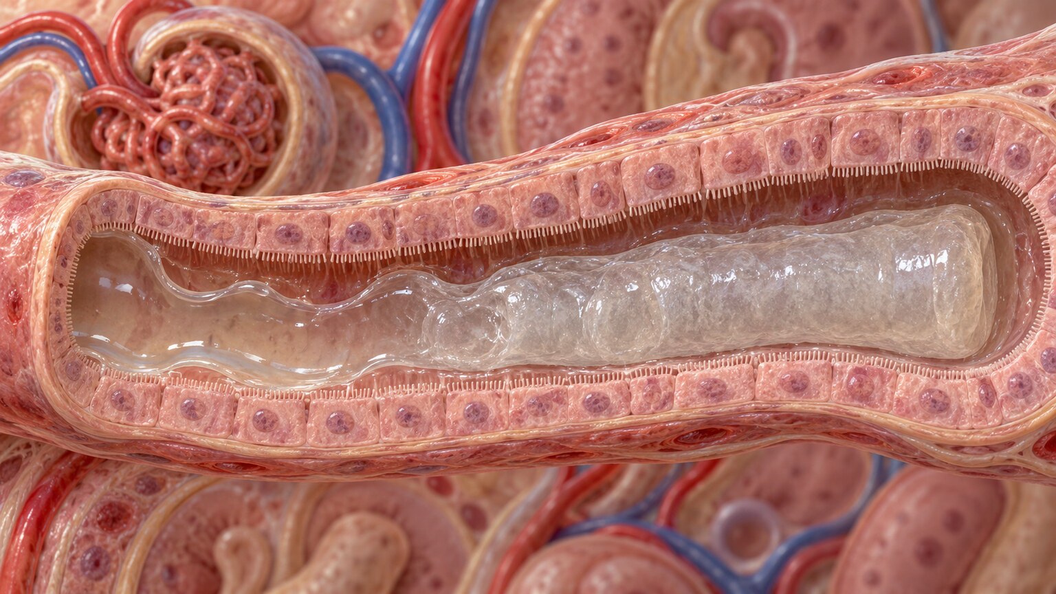 Kidney tubule cross-section showing protein gelling into a cylindrical cast inside the narrow tube