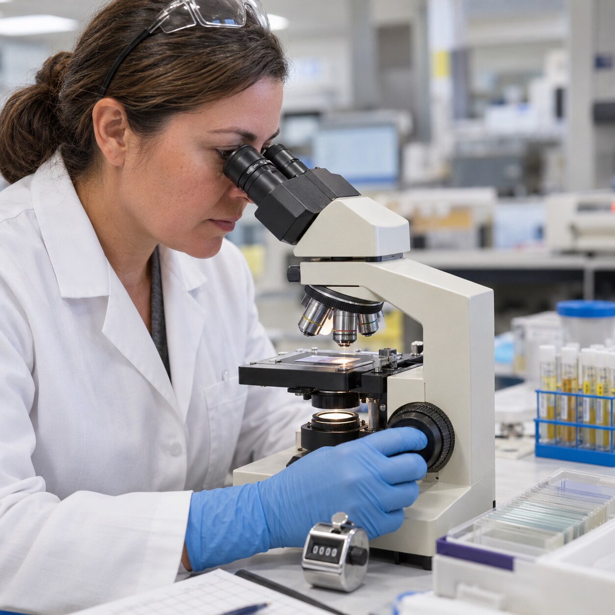 Lab technician looking through a microscope eyepiece while counting urine casts per low-power field
