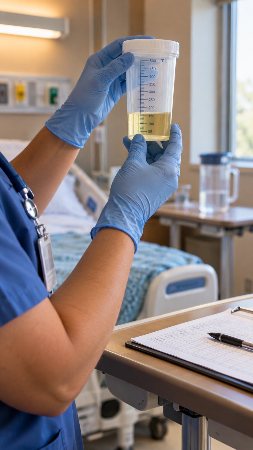 Nurse checking a graduated urine collection container on a hospital bedside table to monitor a patient's urine output
