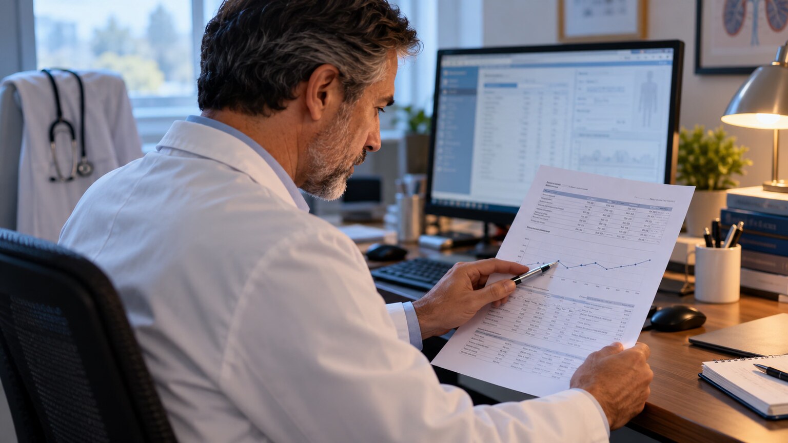 Doctor reviewing a printed lab report showing urine cast findings alongside a creatinine trend line across several tests