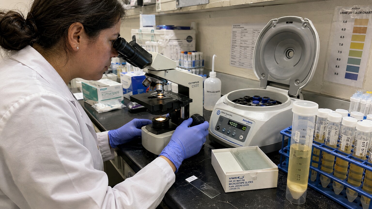 Lab technician examining a centrifuged urine sediment slide under a light microscope in a clinical laboratory