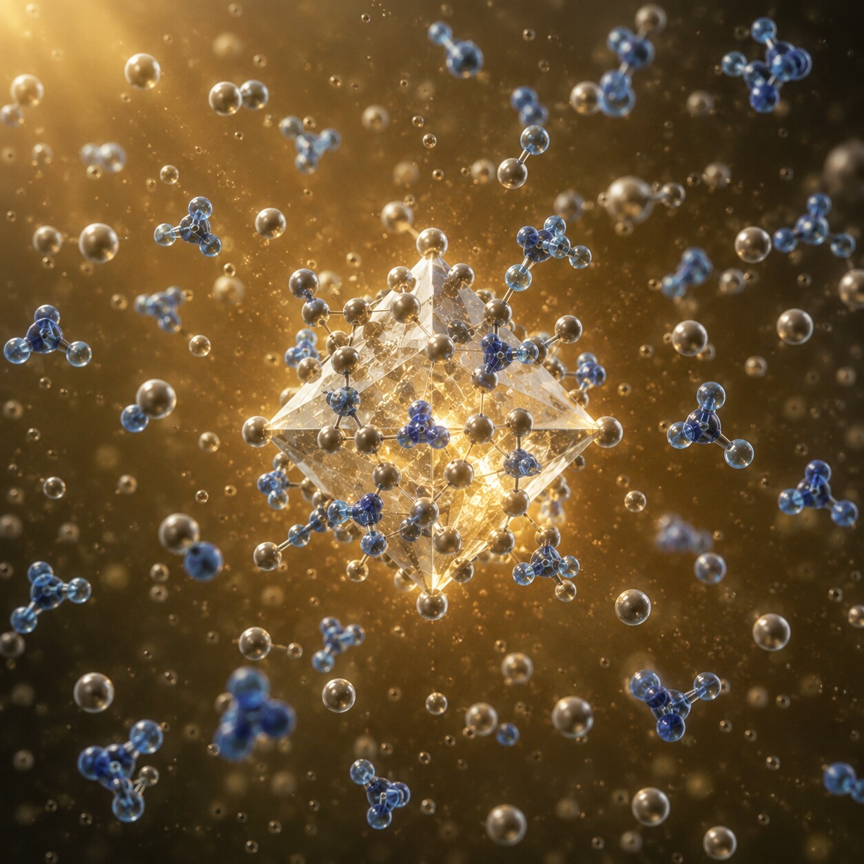 Scientific illustration showing dissolved mineral molecules in urine locking together into an organized crystal lattice structure