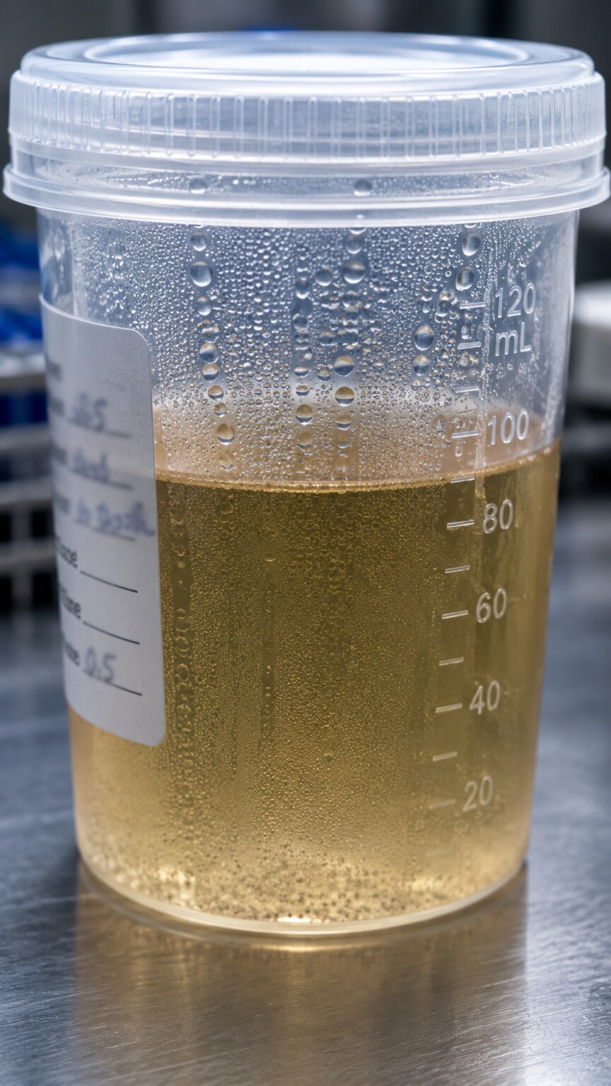 Urine specimen cup with visible condensation sitting on a lab counter, illustrating how cooling can trigger crystal formation after collection