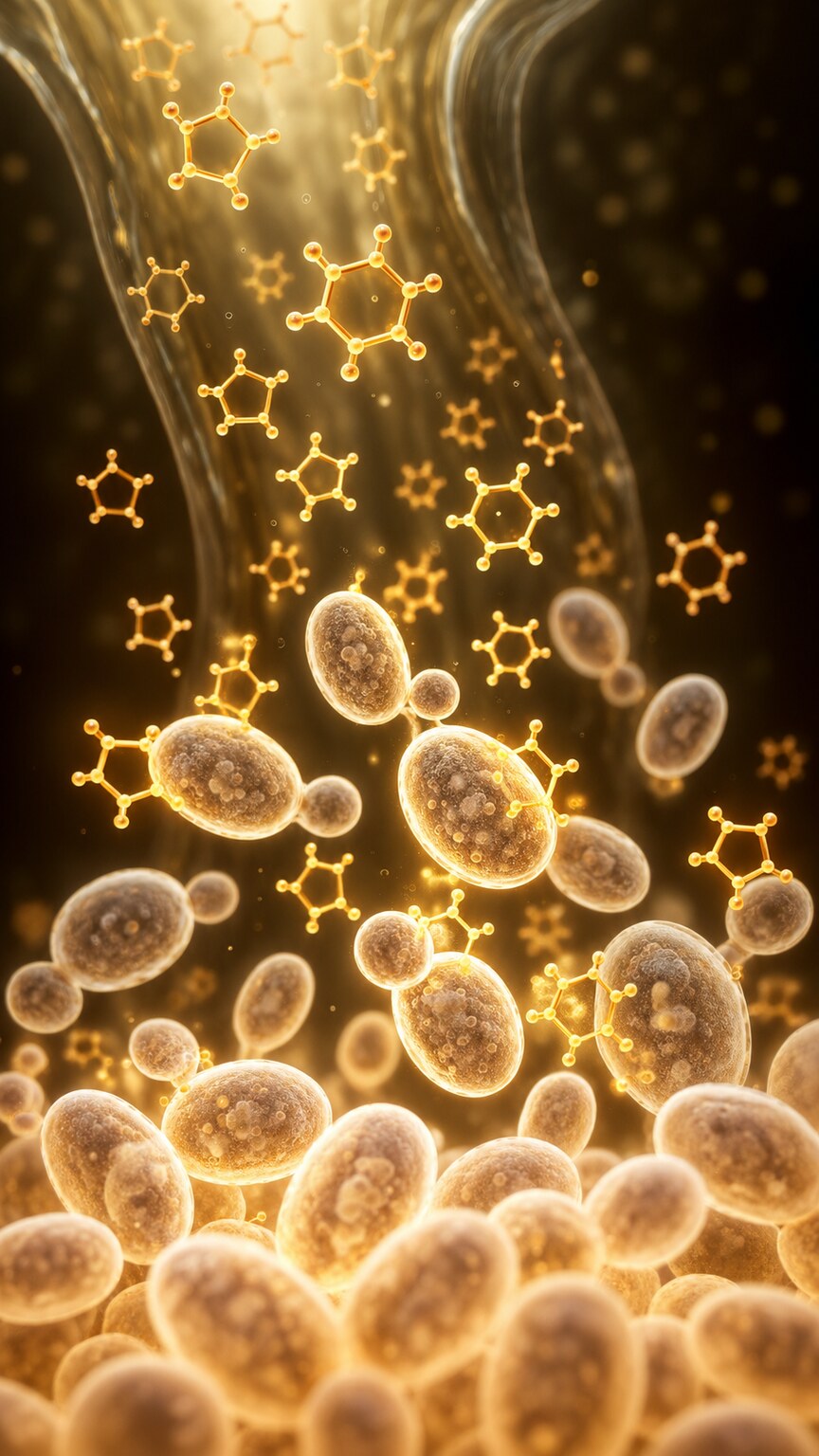 Scientific illustration of glucose molecules in urine promoting yeast cell growth in a person with diabetes