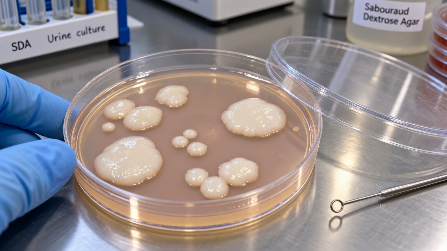 Petri dish showing creamy white Candida yeast colonies grown from a urine culture in a clinical laboratory
