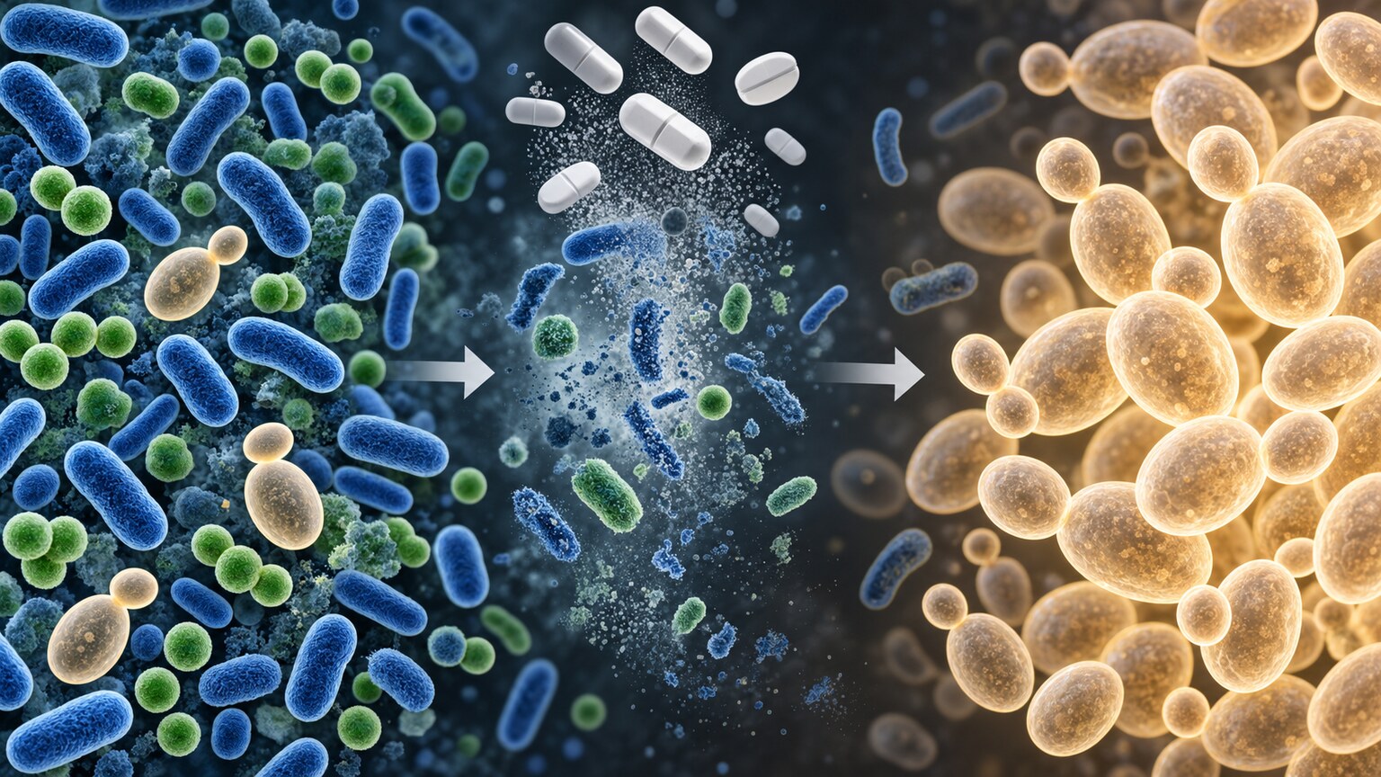 Scientific illustration of antibiotics reducing competing bacteria and allowing yeast cells to multiply unchecked