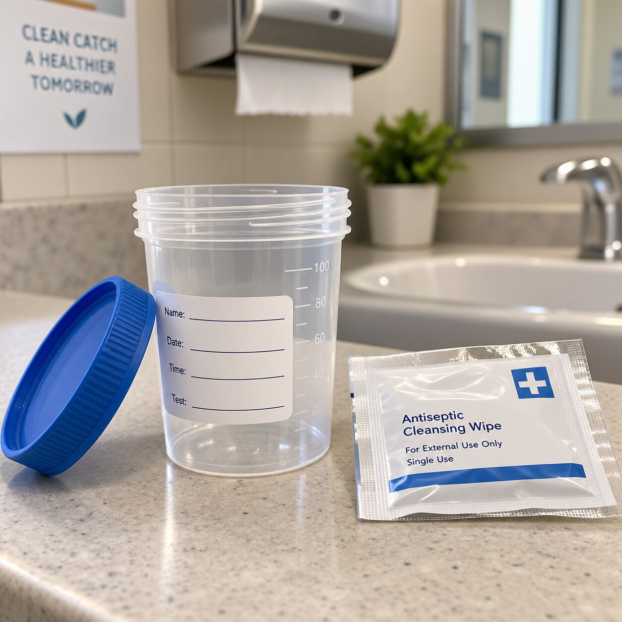 Sterile urine collection cup and cleansing wipe demonstrating proper clean-catch technique to reduce contamination