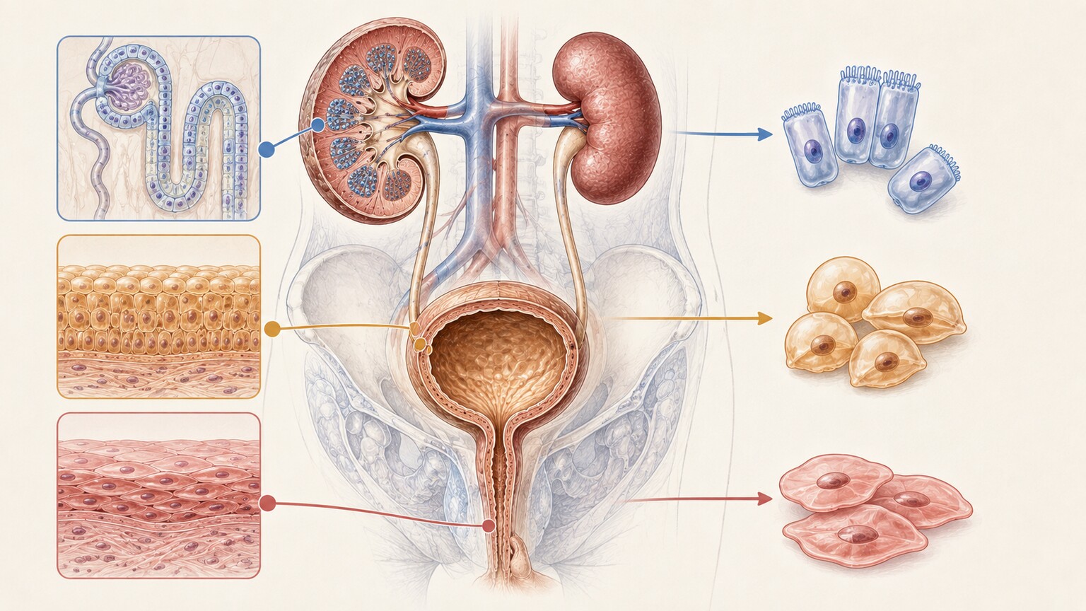 Cross-section diagram of the urinary tract showing the three sources of epithelial cells in urine