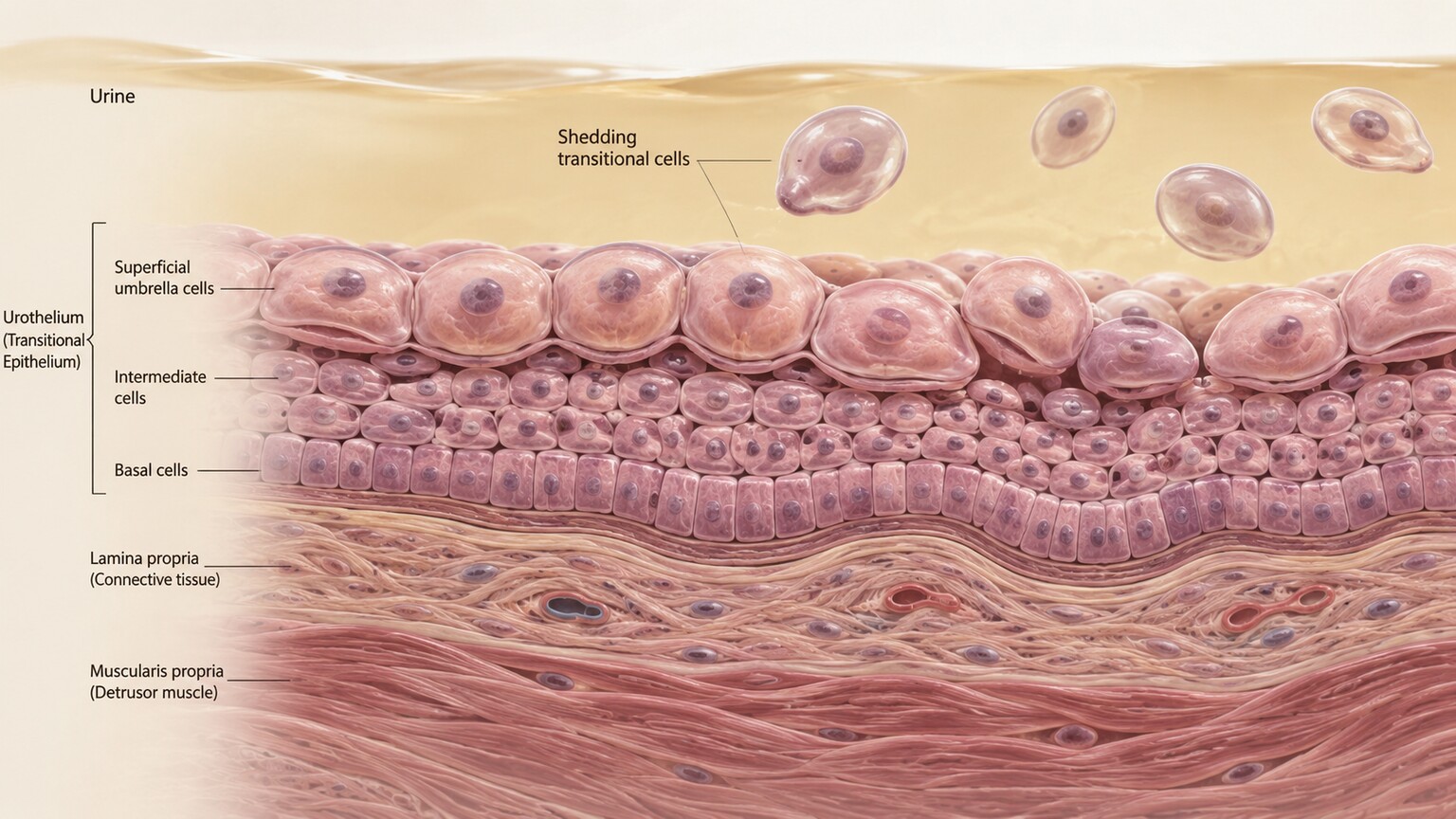 Scientific illustration of the bladder's urothelial lining shedding transitional epithelial cells