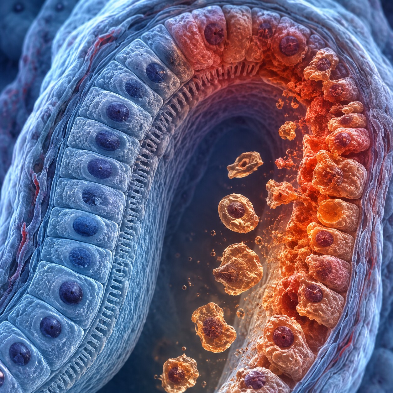 Cross-section illustration of a kidney tubule with renal tubular epithelial cells detaching from injury