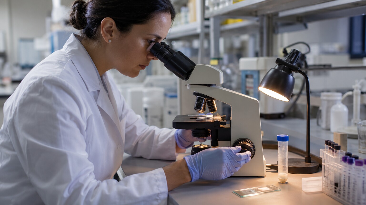 Lab technician examining a urine sediment slide under a microscope in a clinical laboratory