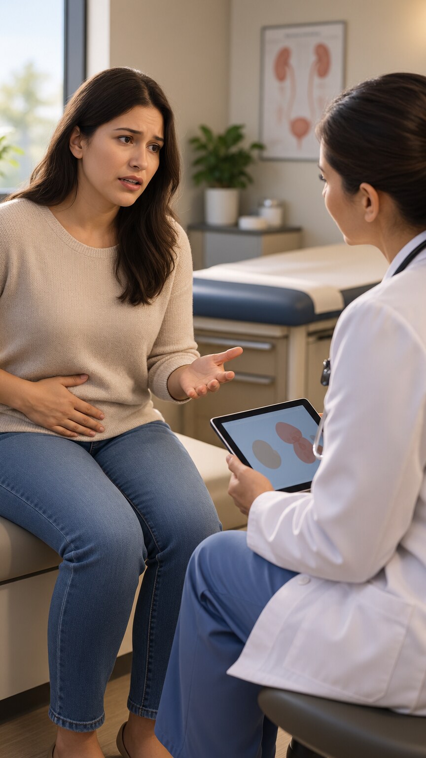 Patient describing urinary symptoms to a doctor during a clinical visit