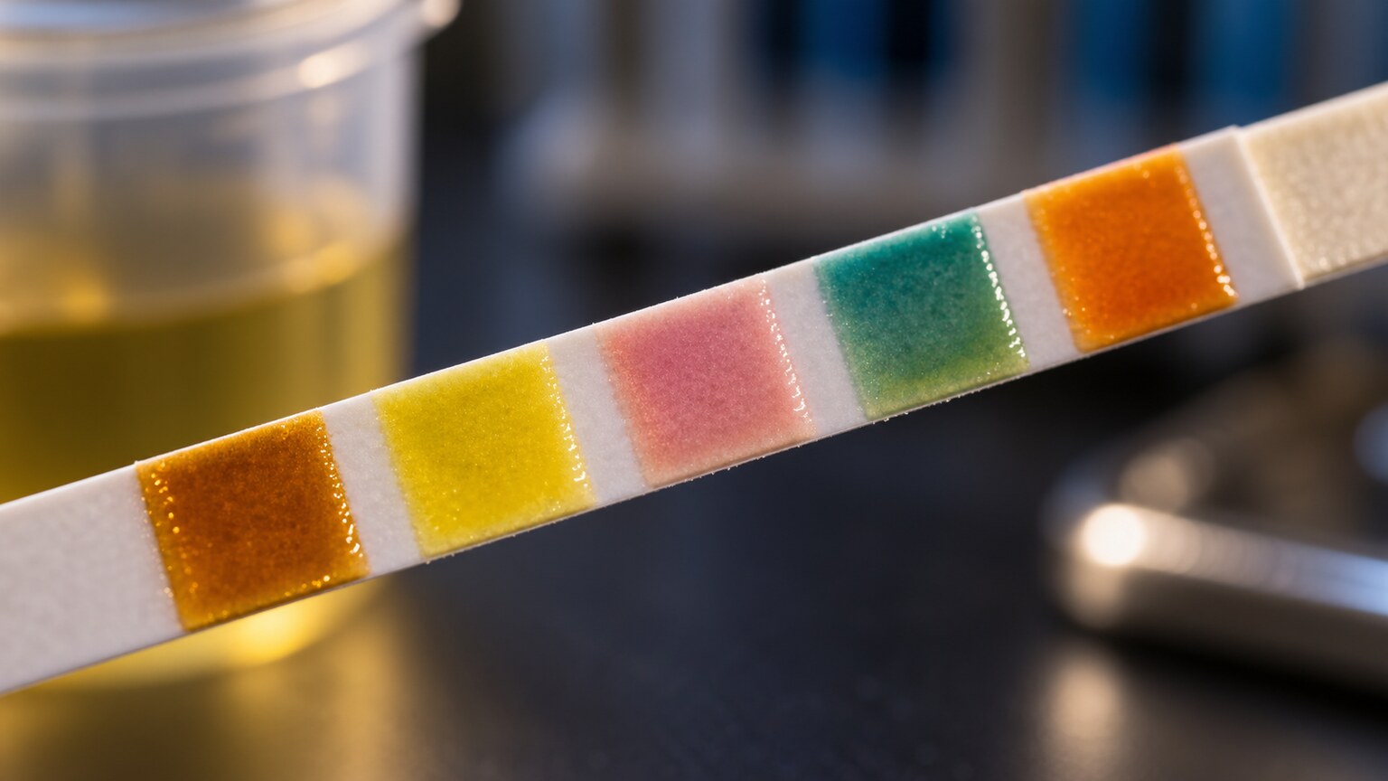 Close-up of a urine dipstick with multiple colored reactive pads showing chemical test results