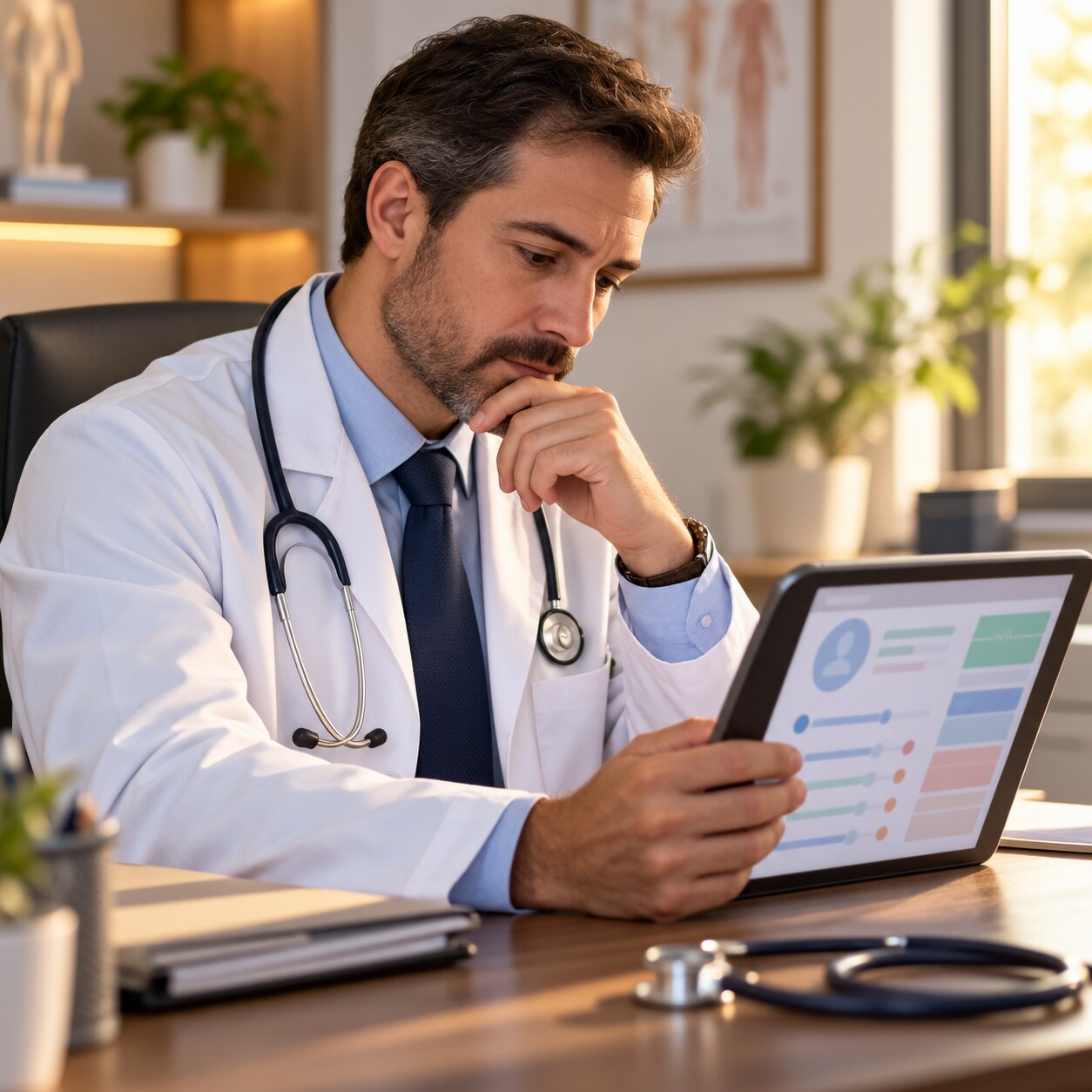 Doctor reviewing a patient's medical history and risk factors on a tablet before ordering additional tests