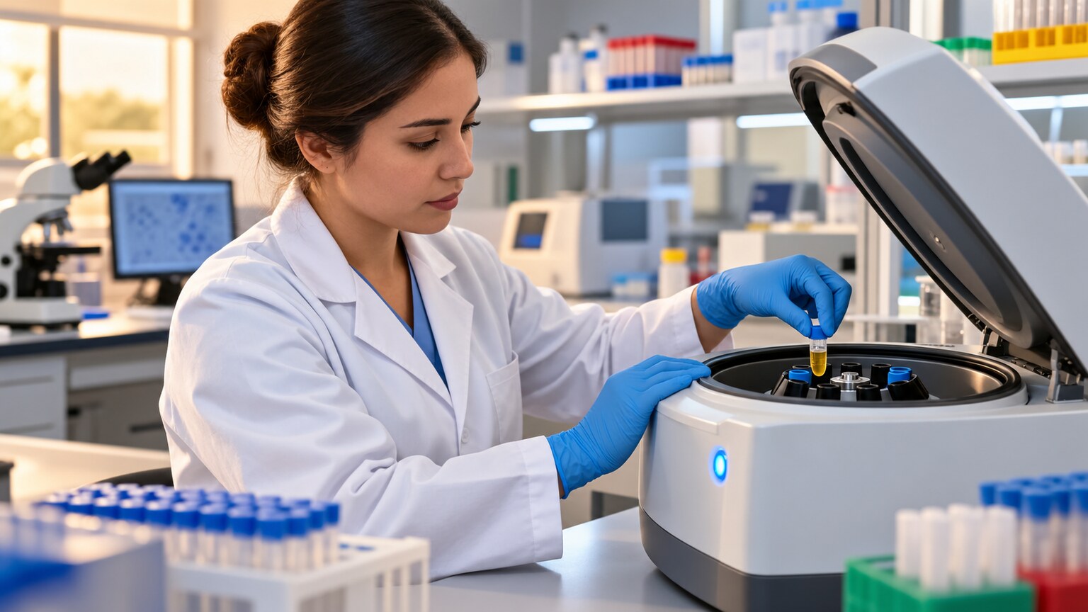 Laboratory technologist placing a urine sample into a centrifuge before microscopic examination