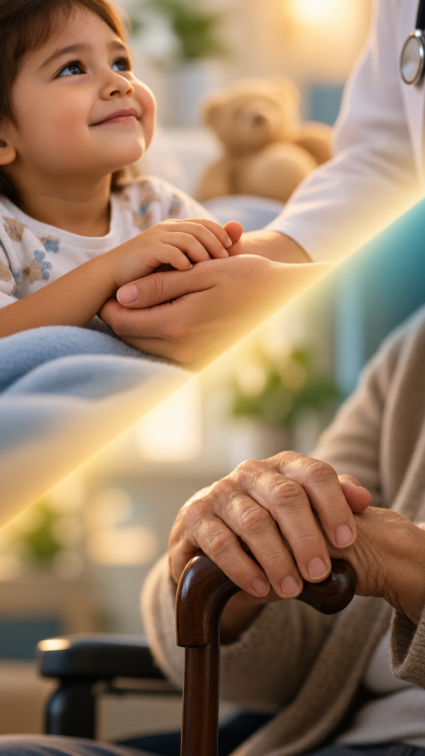 Illustration contrasting pediatric and elderly patient urine testing considerations