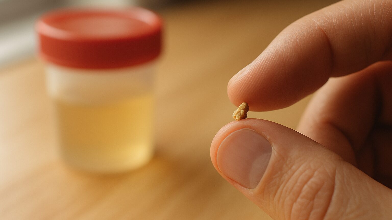 A small passed kidney stone held between two fingers in soft natural light, with a blurred urine specimen cup in the background
