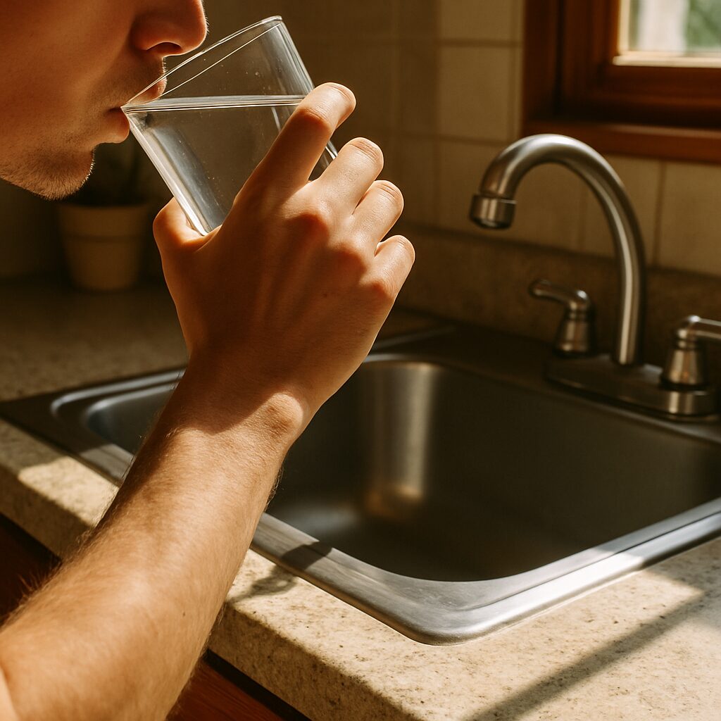 A hand pouring water into a glass at a kitchen counter, representing hydration as a way to prevent urine crystal formation