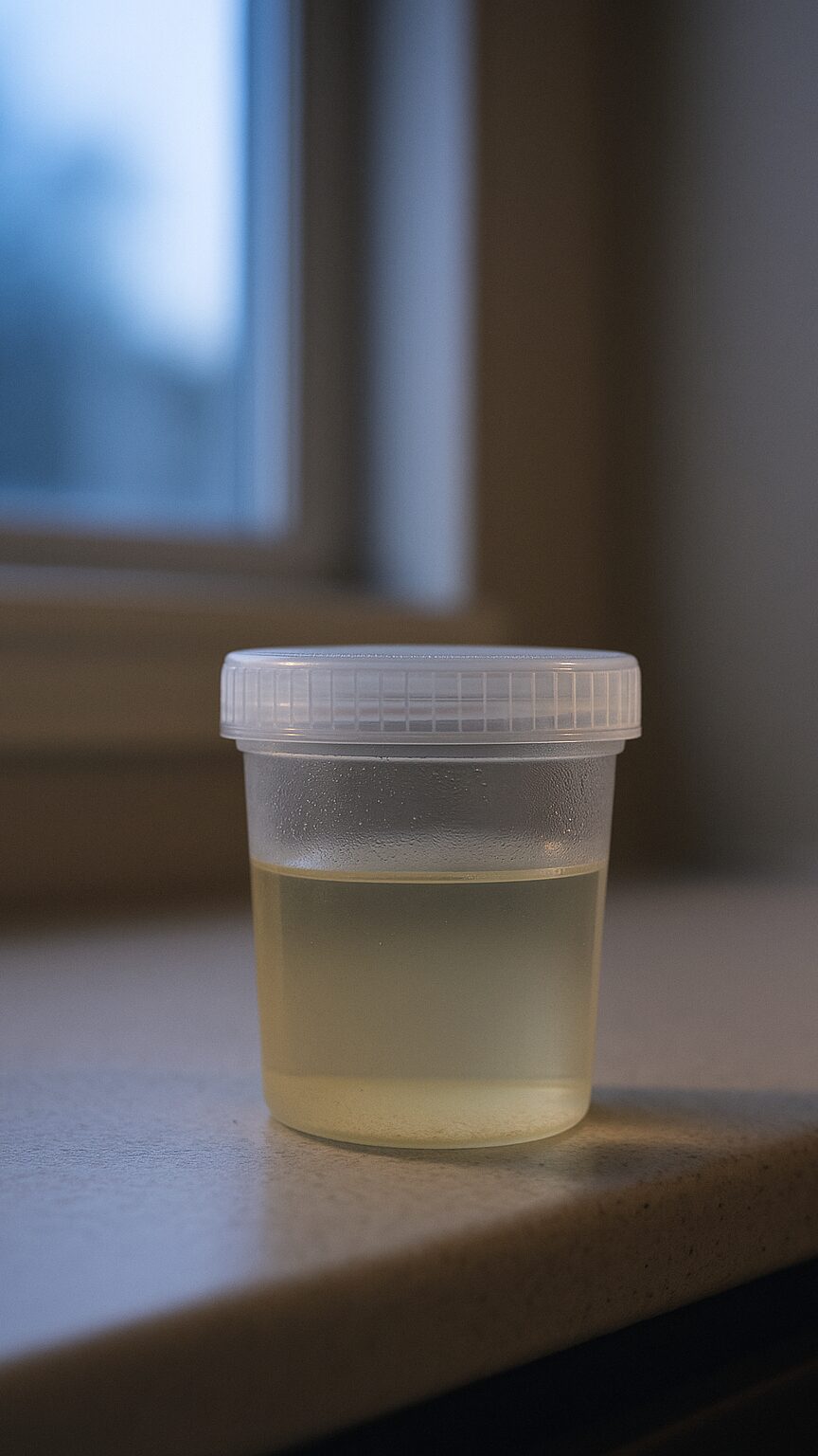 Close-up of a urine specimen cup held up to window light, showing fine sediment settled near the bottom