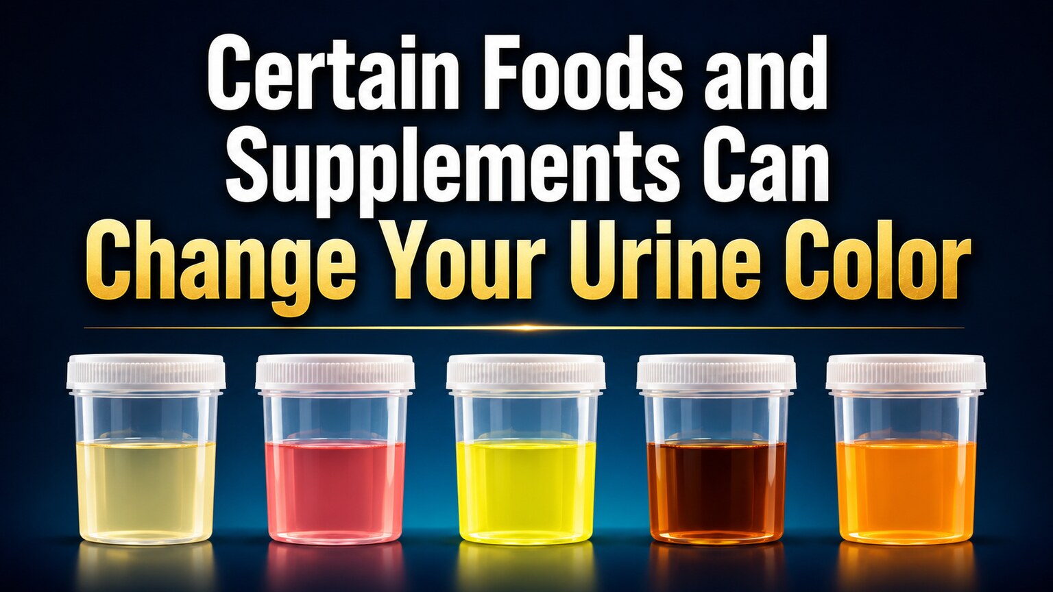 Bold cover graphic titled Certain Foods and Supplements Can Change Your Urine Color showing a row of urine sample cups in different colors from beets, B vitamins, and rhubarb