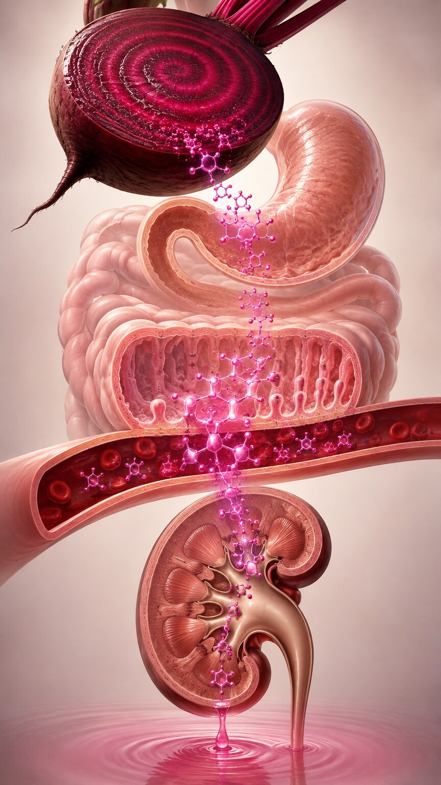 Illustration of a sliced beet with its red betanin pigment shown passing intact through the digestive tract into the bloodstream