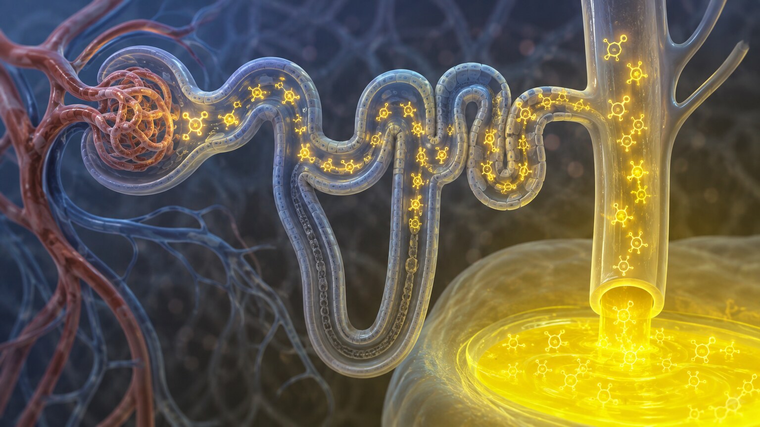 Illustration of riboflavin molecules glowing under light as they are filtered from the bloodstream into urine
