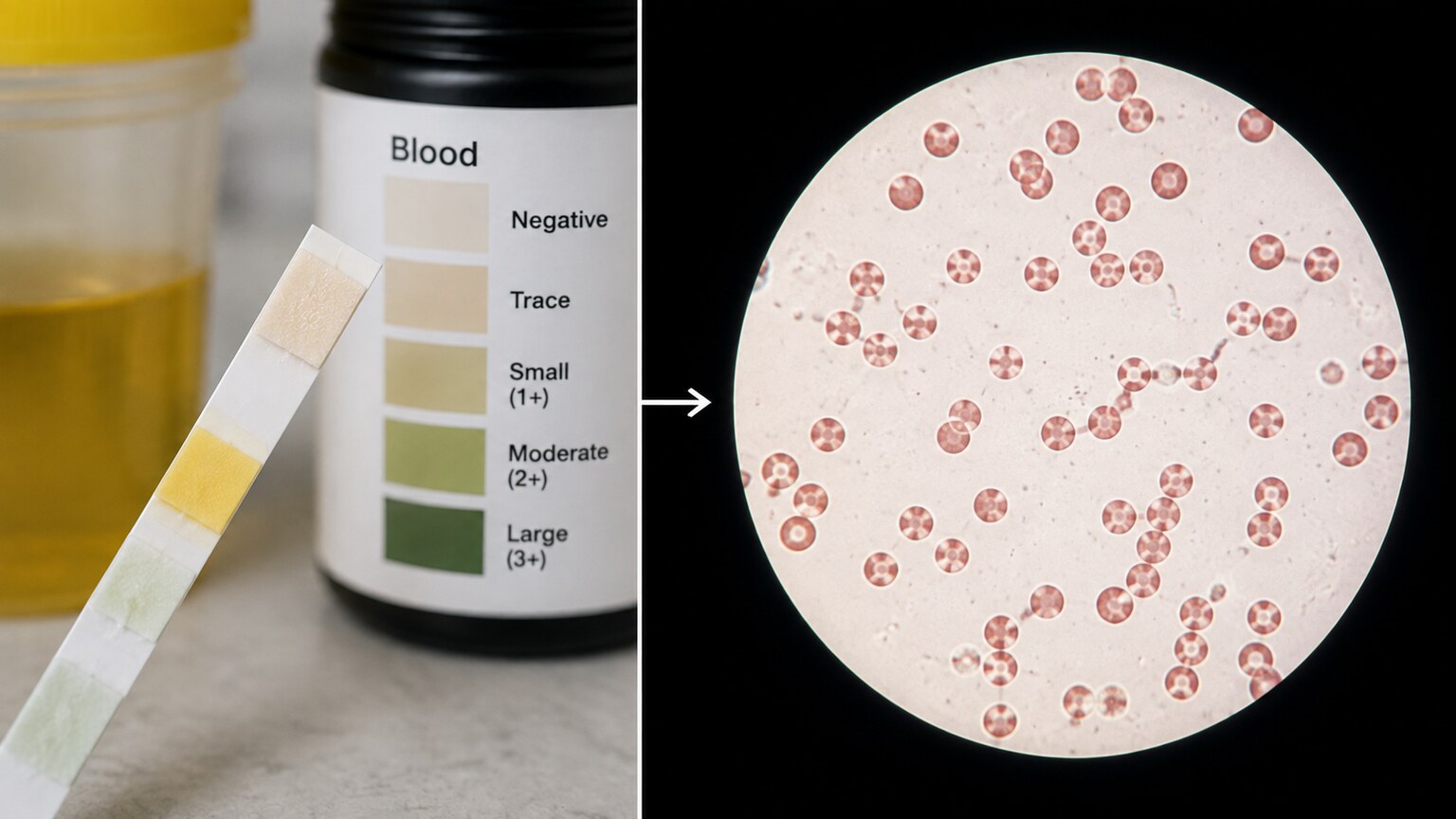 Illustration comparing a urine dipstick test strip reading negative for blood against a microscope view confirming no red blood cells present