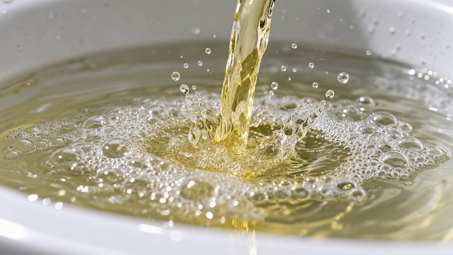 Close-up macro photograph of a thin layer of small bubbles forming on the surface of toilet water where a urine stream has just landed